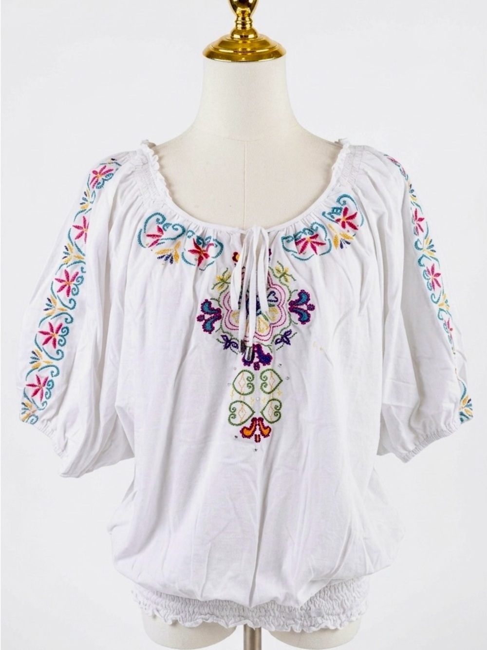 RXB White Peasant Blouse with Multicolor Floral Embroidery